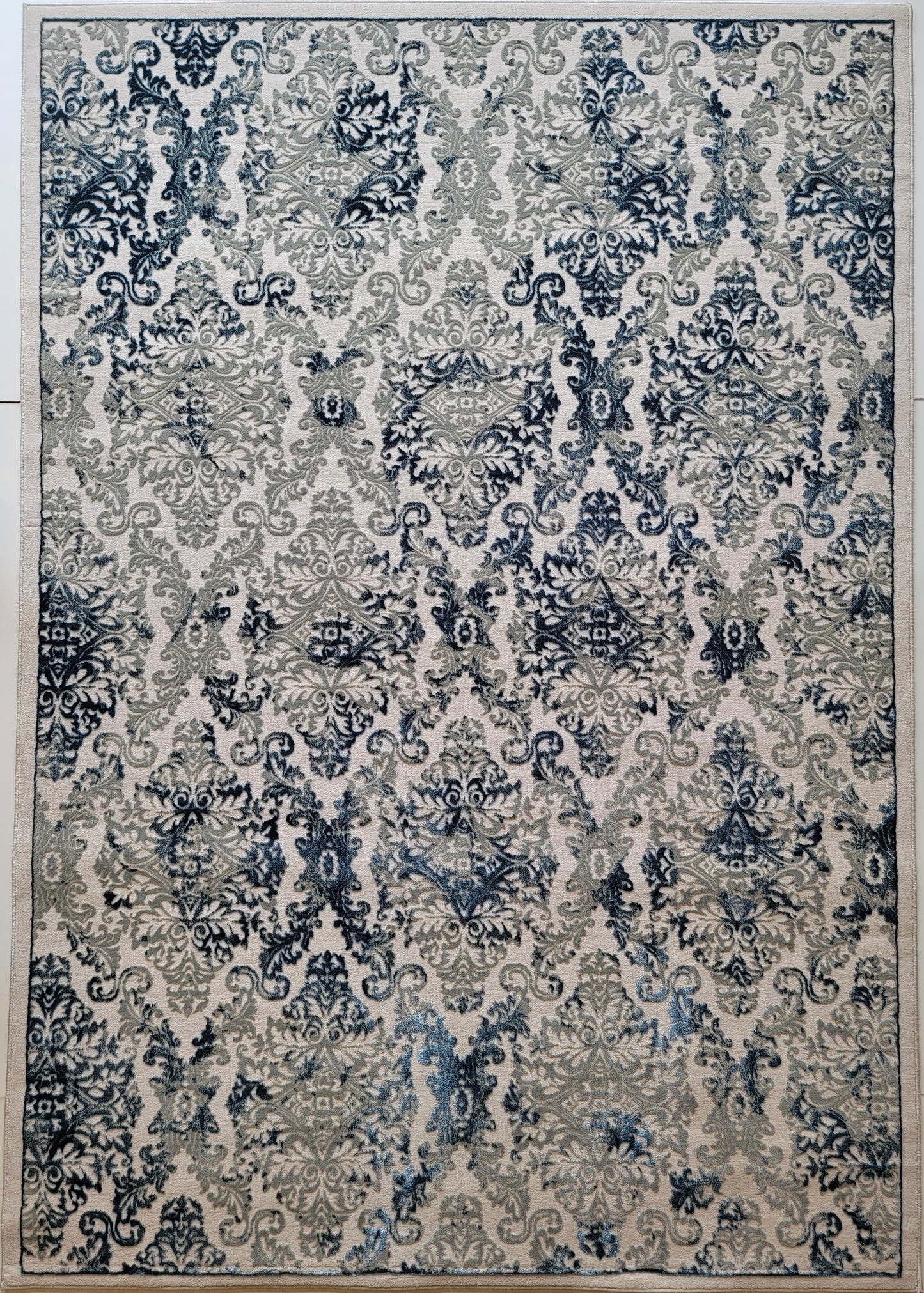 Airmont Damask Area Rug. Eggshell, Off-White, and Navy