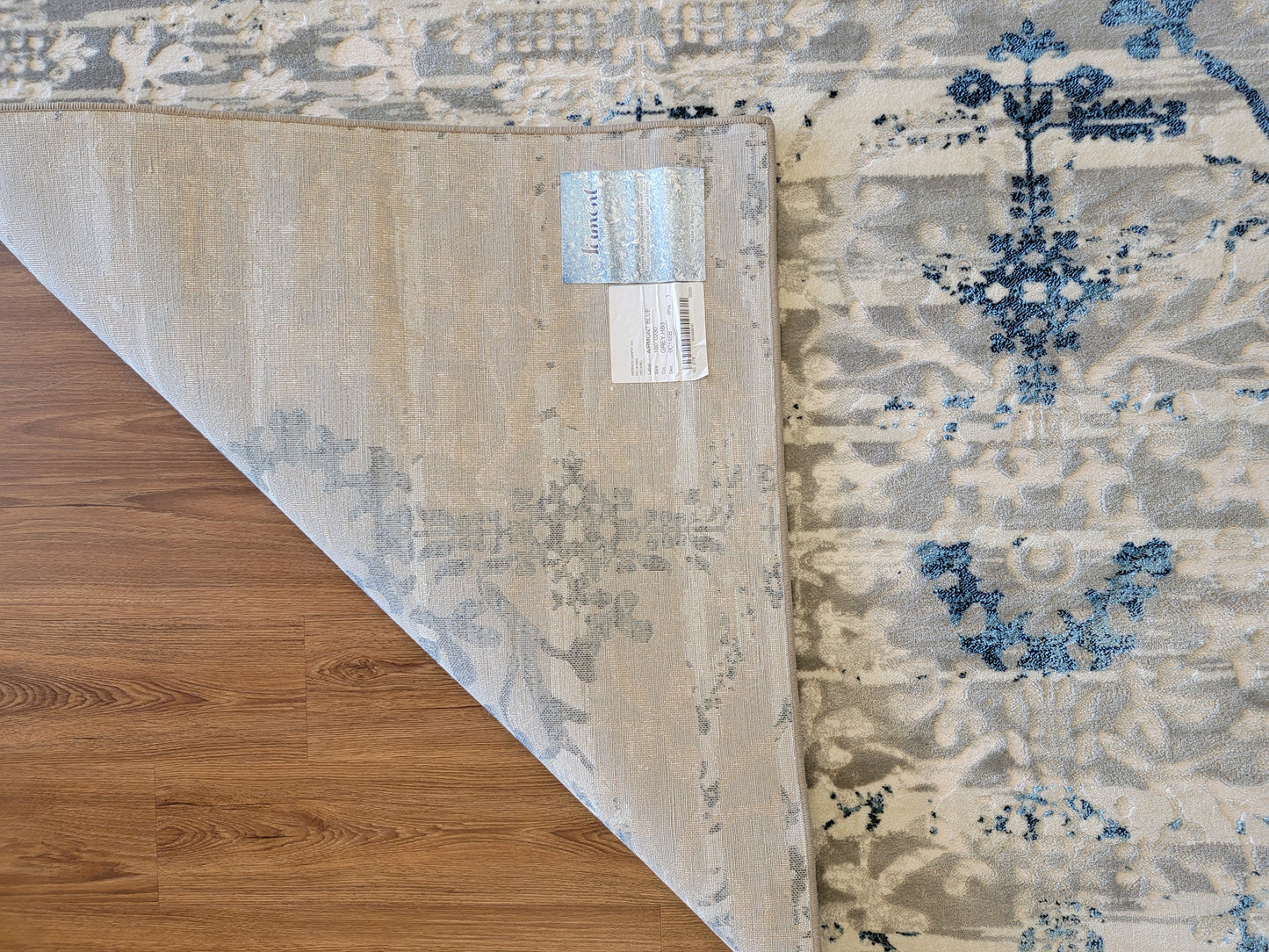 Airmont Damask Area Rug. White, Ash Gray, and Navy