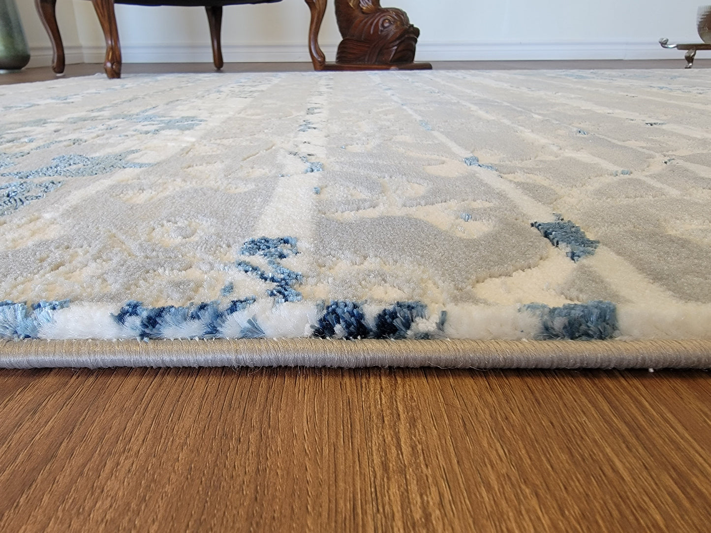 Airmont Damask Area Rug. White, Ash Gray, and Navy