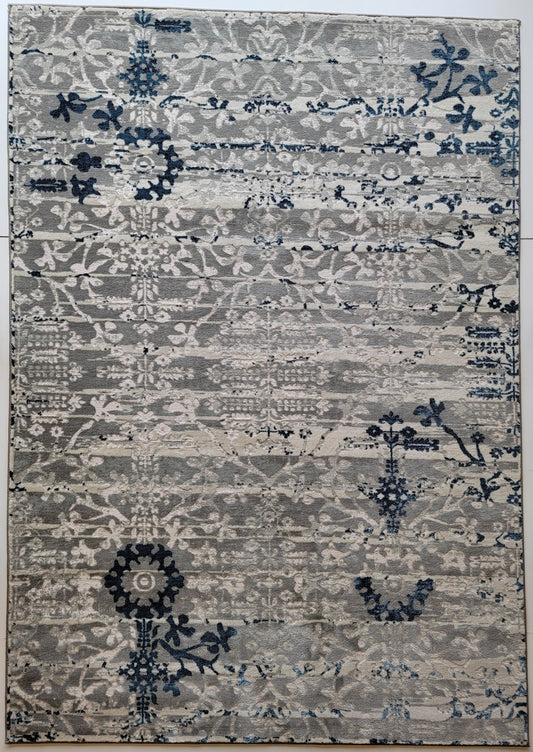 Airmont Damask Area Rug. White, Ash Gray, and Navy