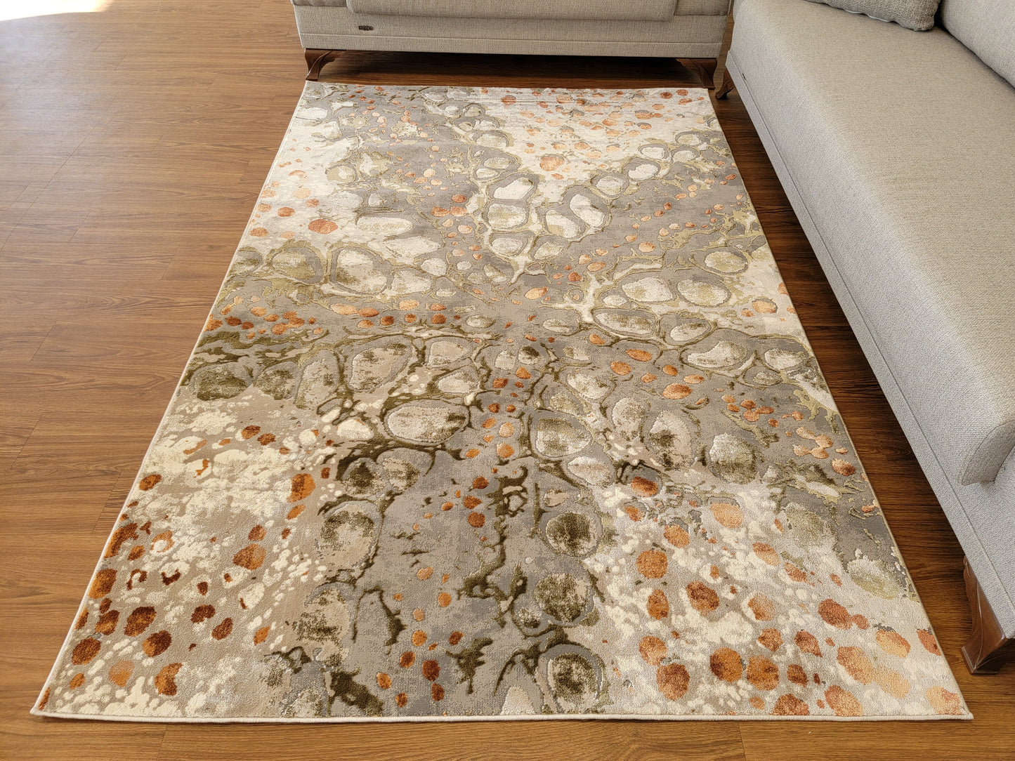 Armodies Abstract Area Rug. Ash Gray, Army Green, and Copper