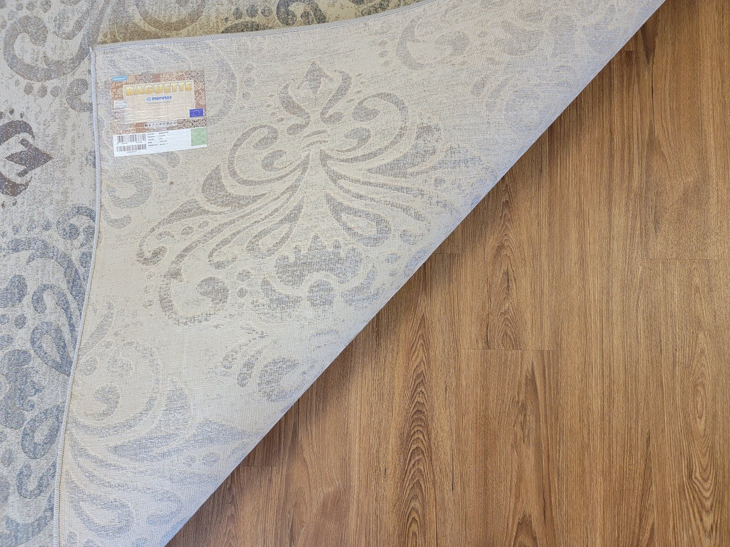 Baguette Damask Area Rug. Beige, Platinum, and Ash Gray