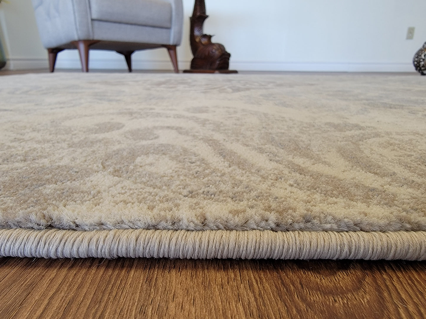 Baguette Damask Area Rug. Beige, Platinum, and Ash Gray