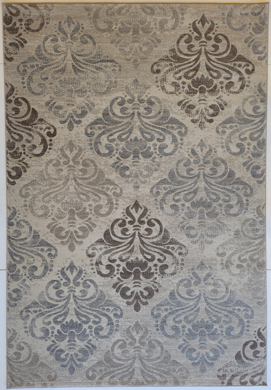 Baguette Damask Area Rug. Beige, Platinum, and Ash Gray