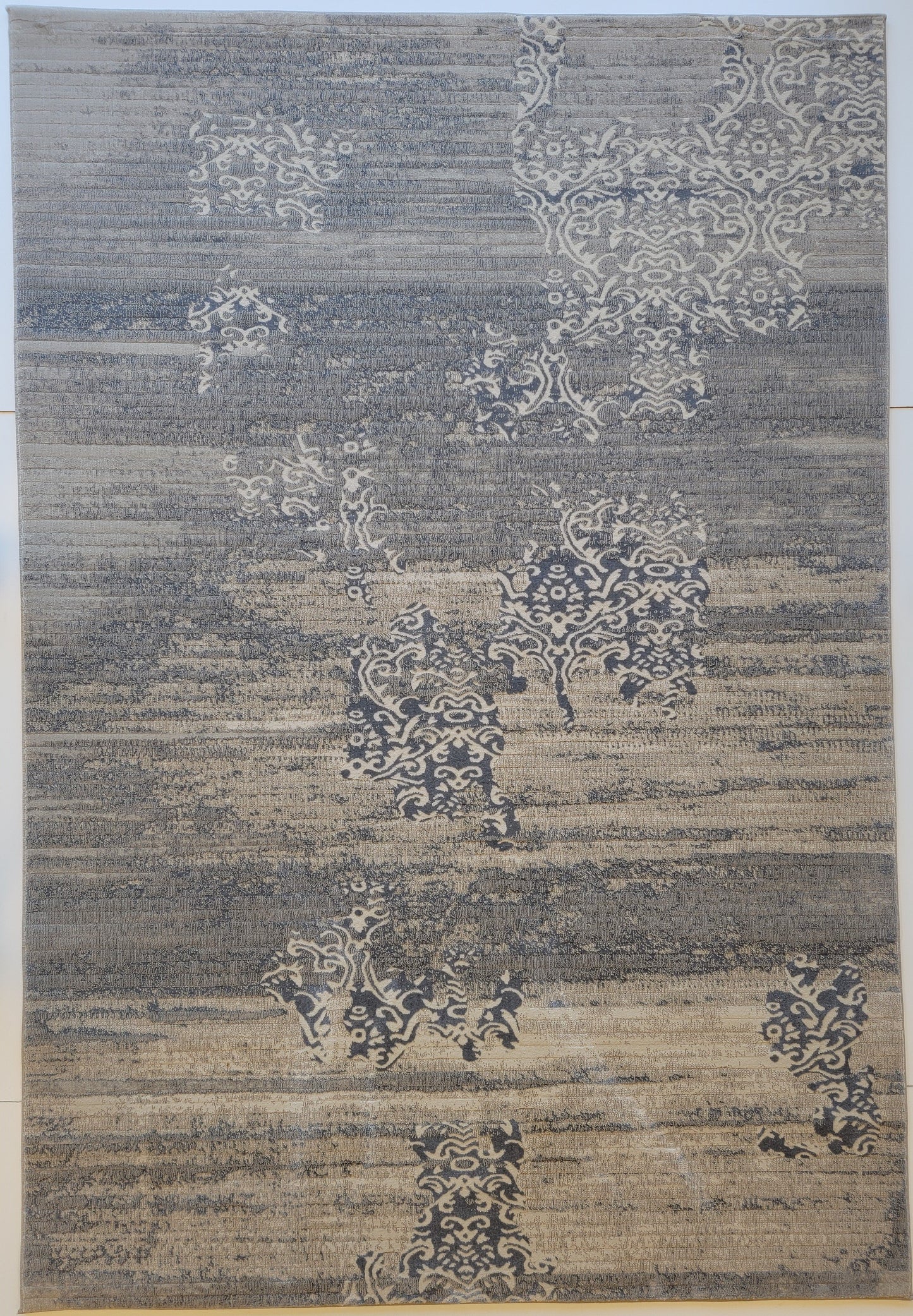 Baguette Modern Traditional Area Rug. Beige, Platinum, and Light Blue