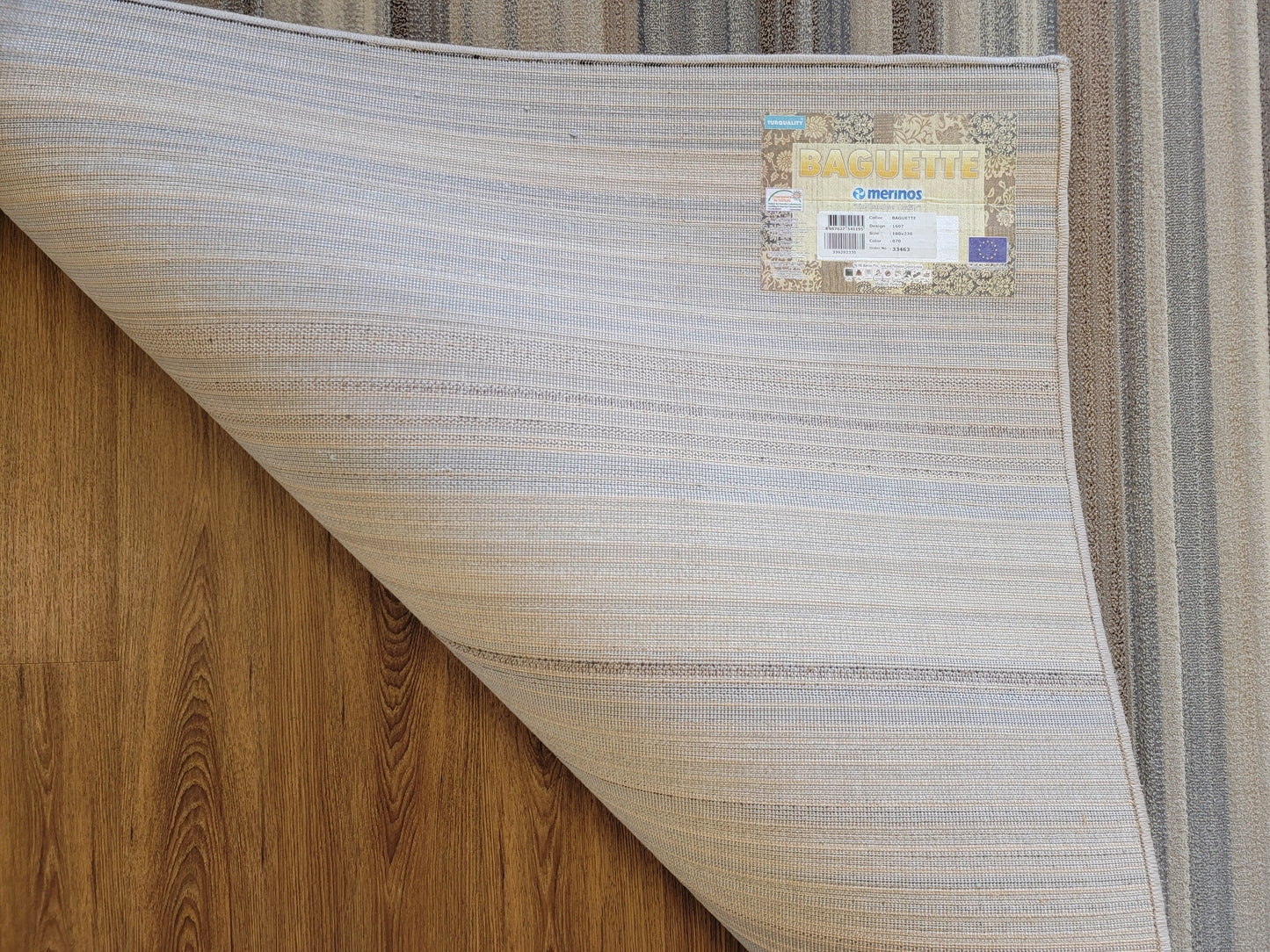 Baguette Striped Area Rug. Beige, Gray, and Light Brown