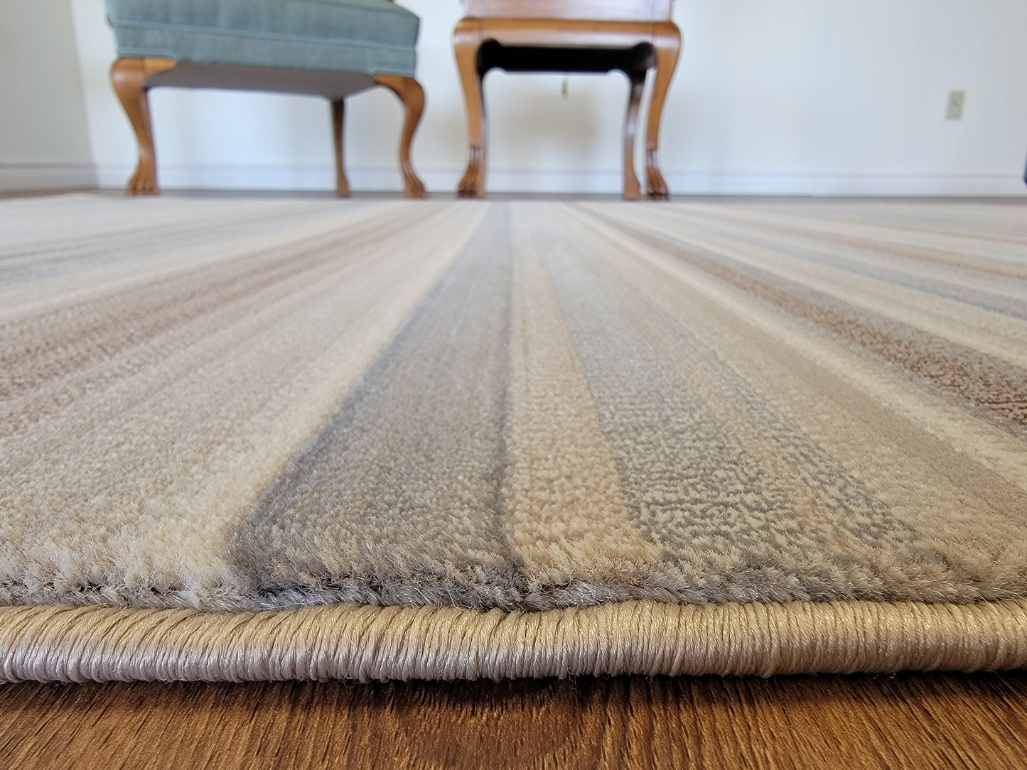 Baguette Striped Area Rug. Beige, Gray, and Light Brown