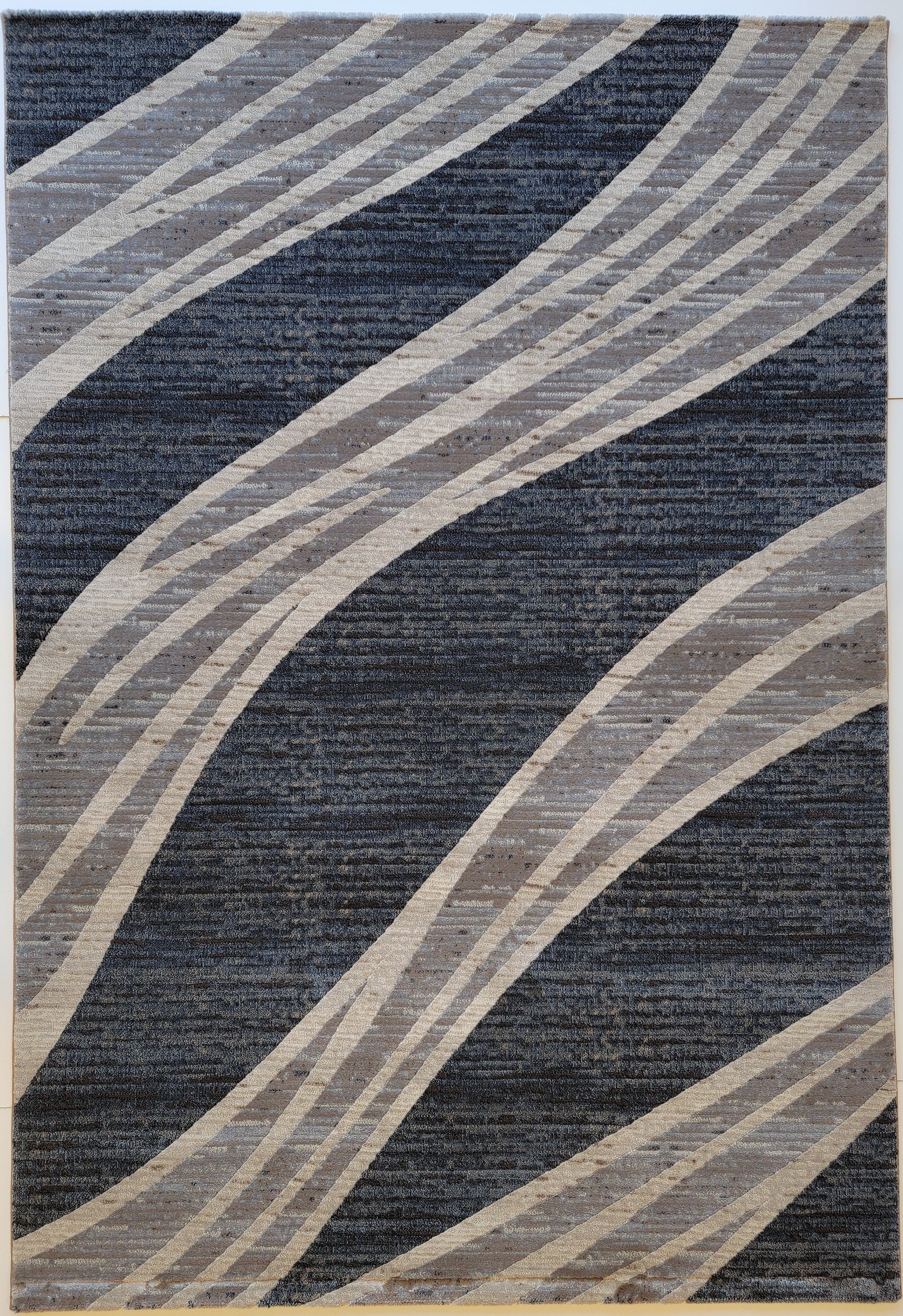 Baguette Abstract Area Rug. Charcoal and Blue with Curved Lines in Beige