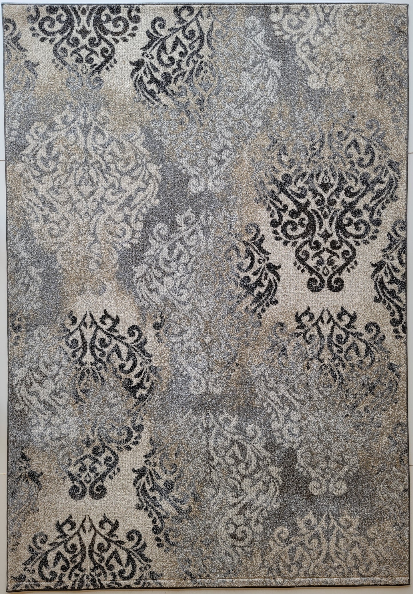 Chester Damask Area Rug. White, Silver, and Ash Gray