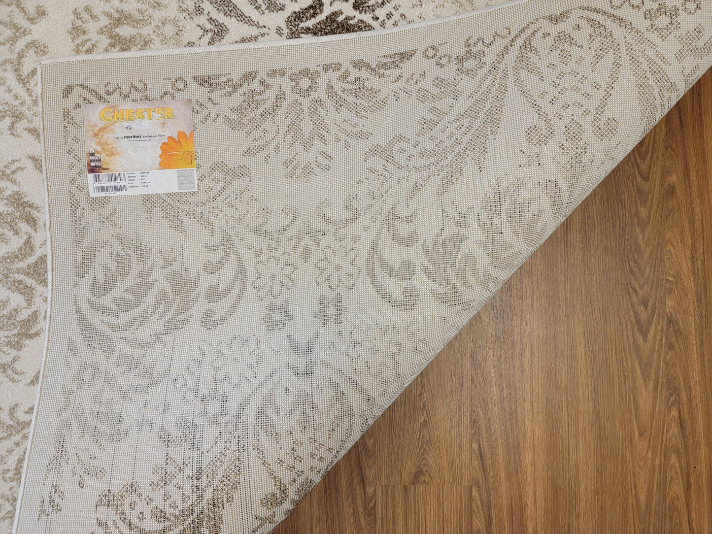 Chester Damask Area Rug. White, Beige, and Charcoal