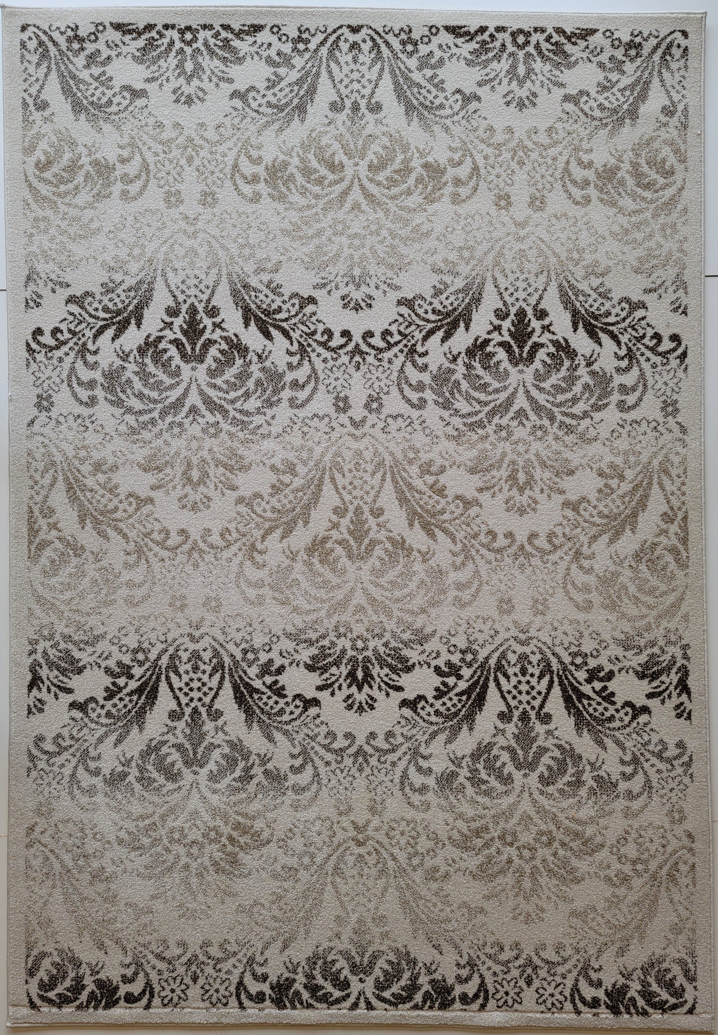 Chester Damask Area Rug. White, Beige, and Charcoal