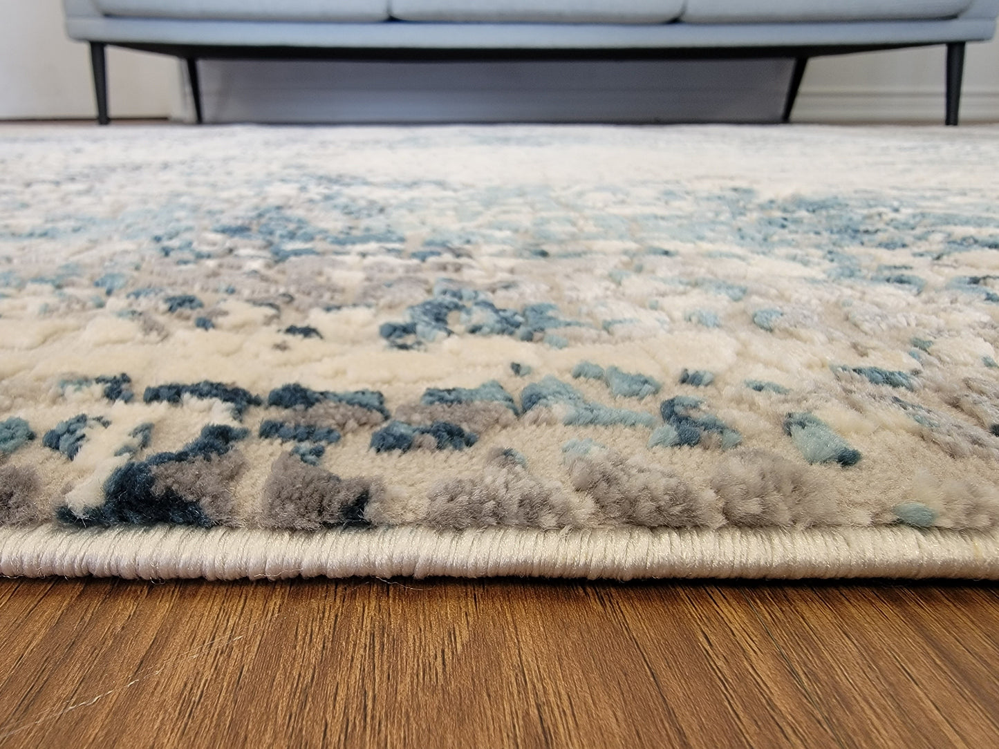 Cozy Abstract Area Rug. Cream, Gray, and Blue