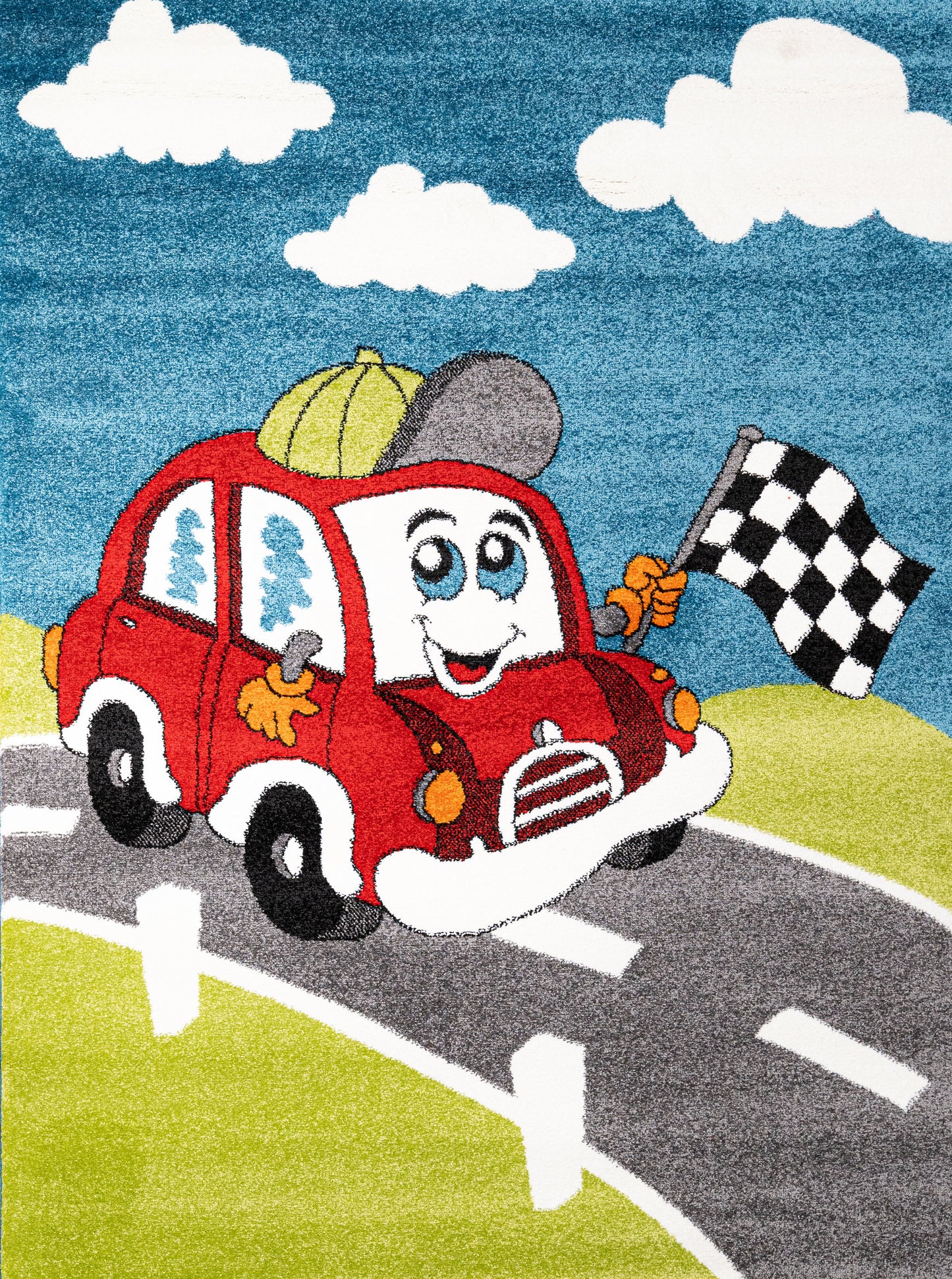 Diamond Kids Area Rug. Blue and Lime Green with a Red Car Drawing