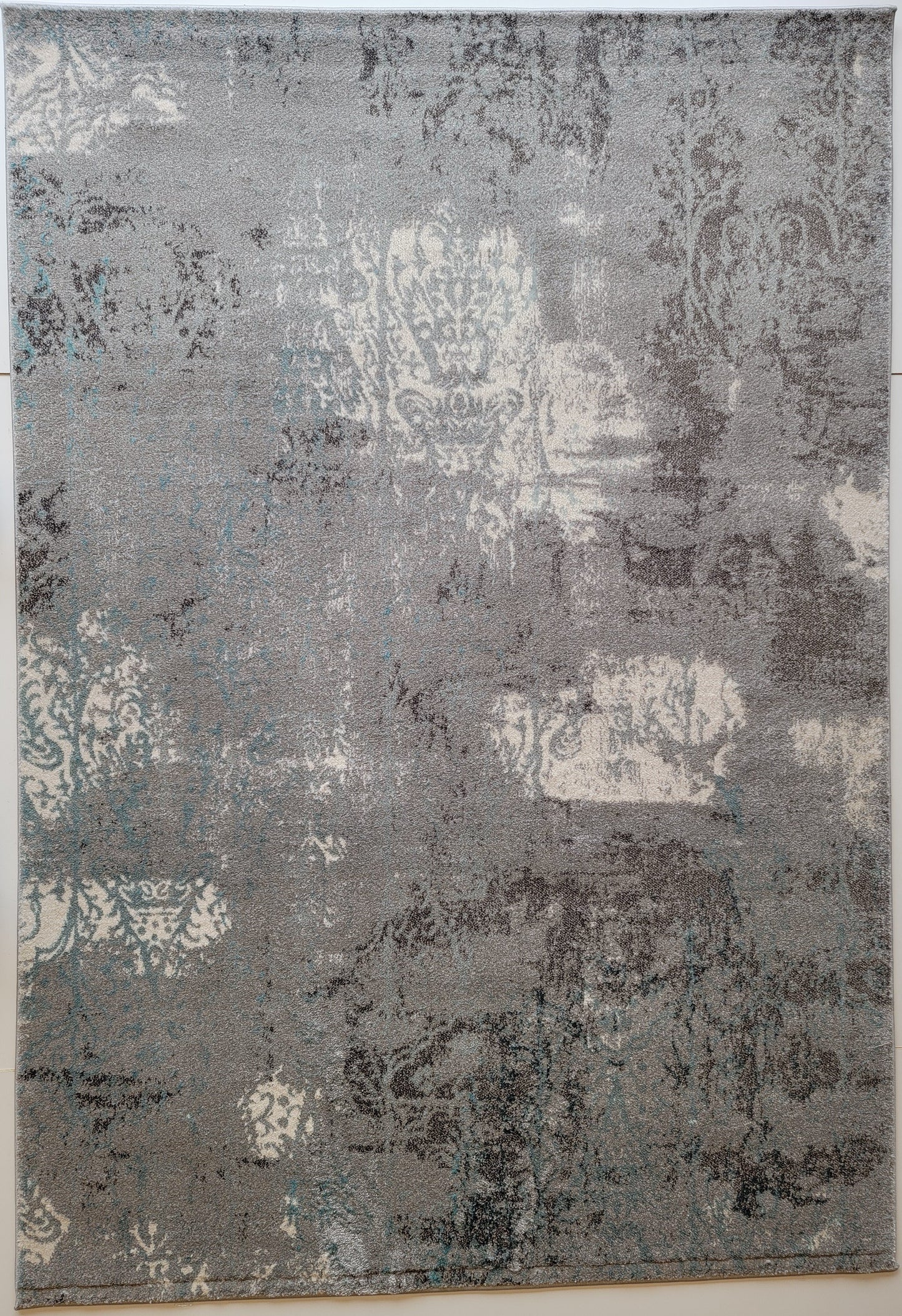 Despina Damask Area Rug. Ash Gray, Coral Blue, and White