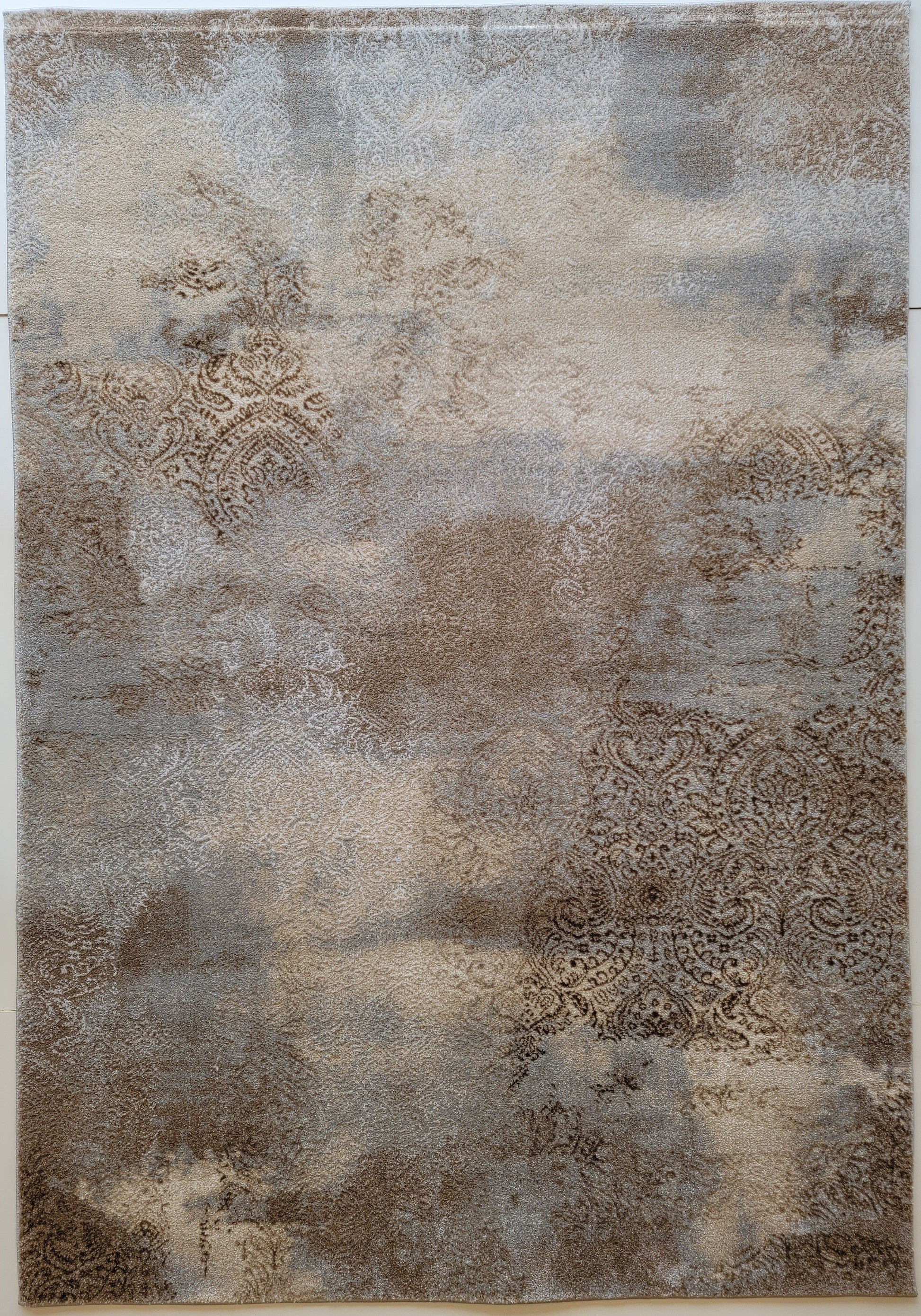 Despina Damask Area Rug. Platinum, Gray, and Tan Brown