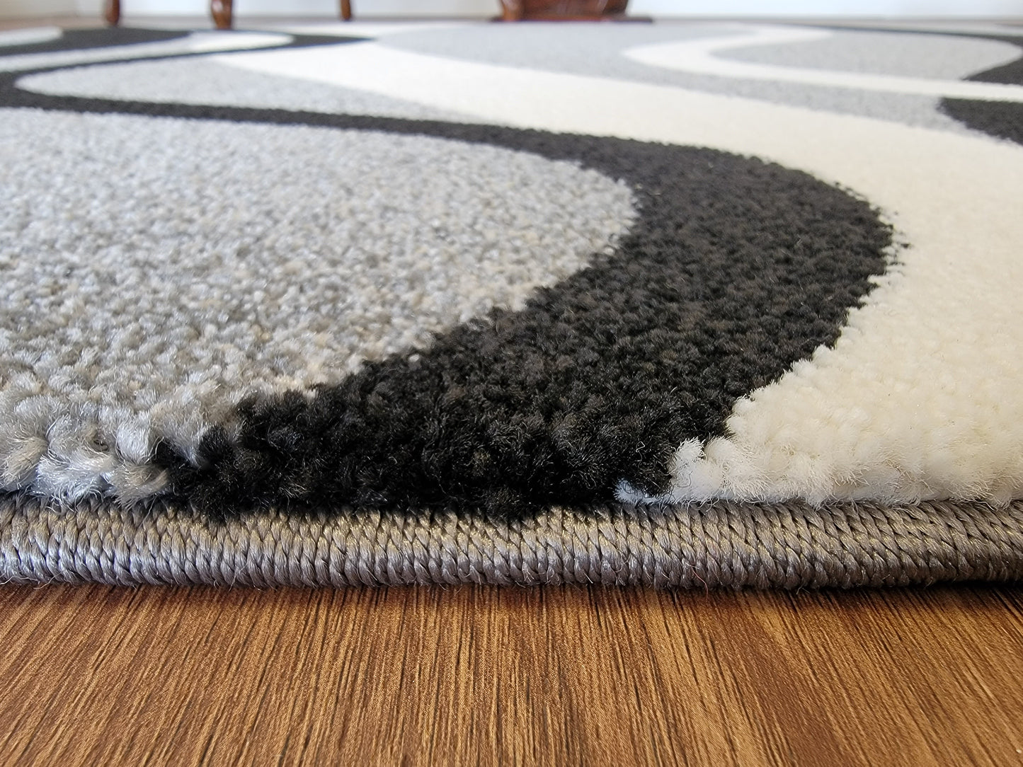 Diamond Abstract Area Rug. Ash Gray with Curved Lines in Black and White