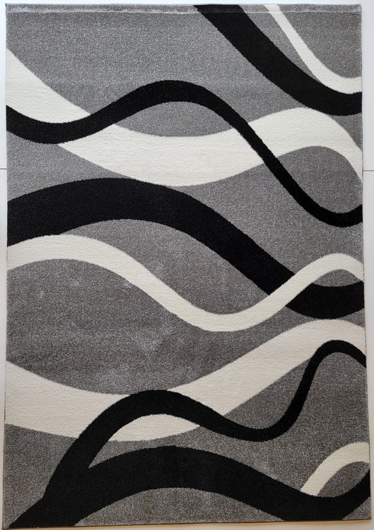 Diamond Abstract Area Rug. Ash Gray with Curved Lines in Black and White