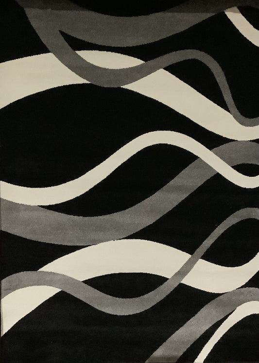 Diamond Abstract Area Rug. Black with Curved Lines in Ash Gray, and White