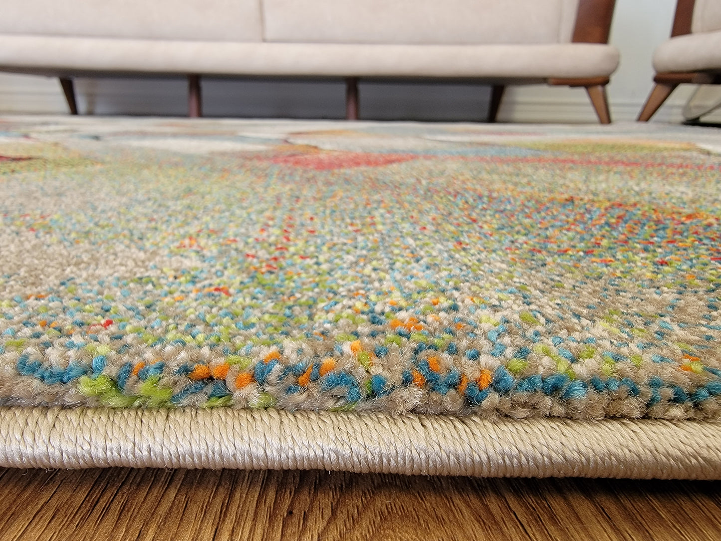 Diamond Art Abstract Area Rug. Beige, Sky Blue, and Coral Pink