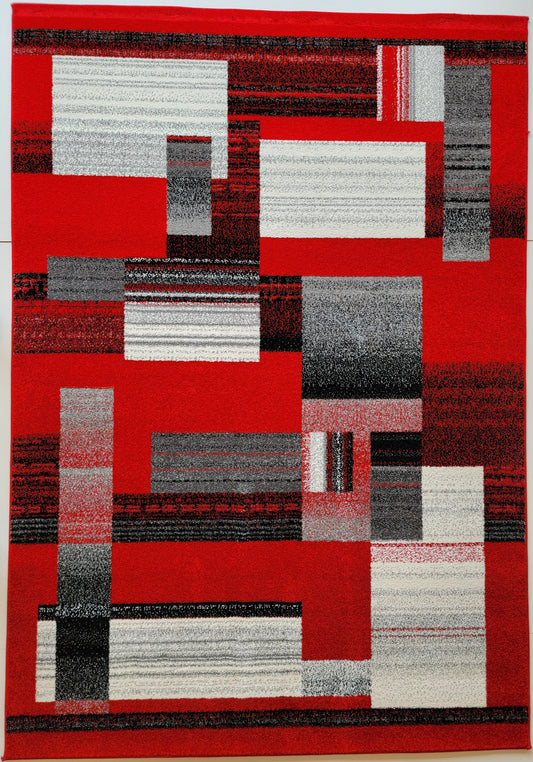 Diamond Art Geometric Area Rug. Scarlet Red, Gray, and Black