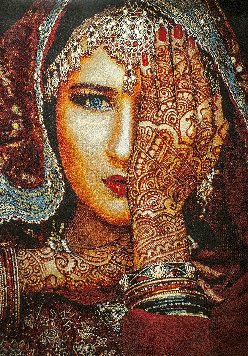 Diamond Area Rug with an Indian Woman Portrait. Multi Combination of Royal Colors