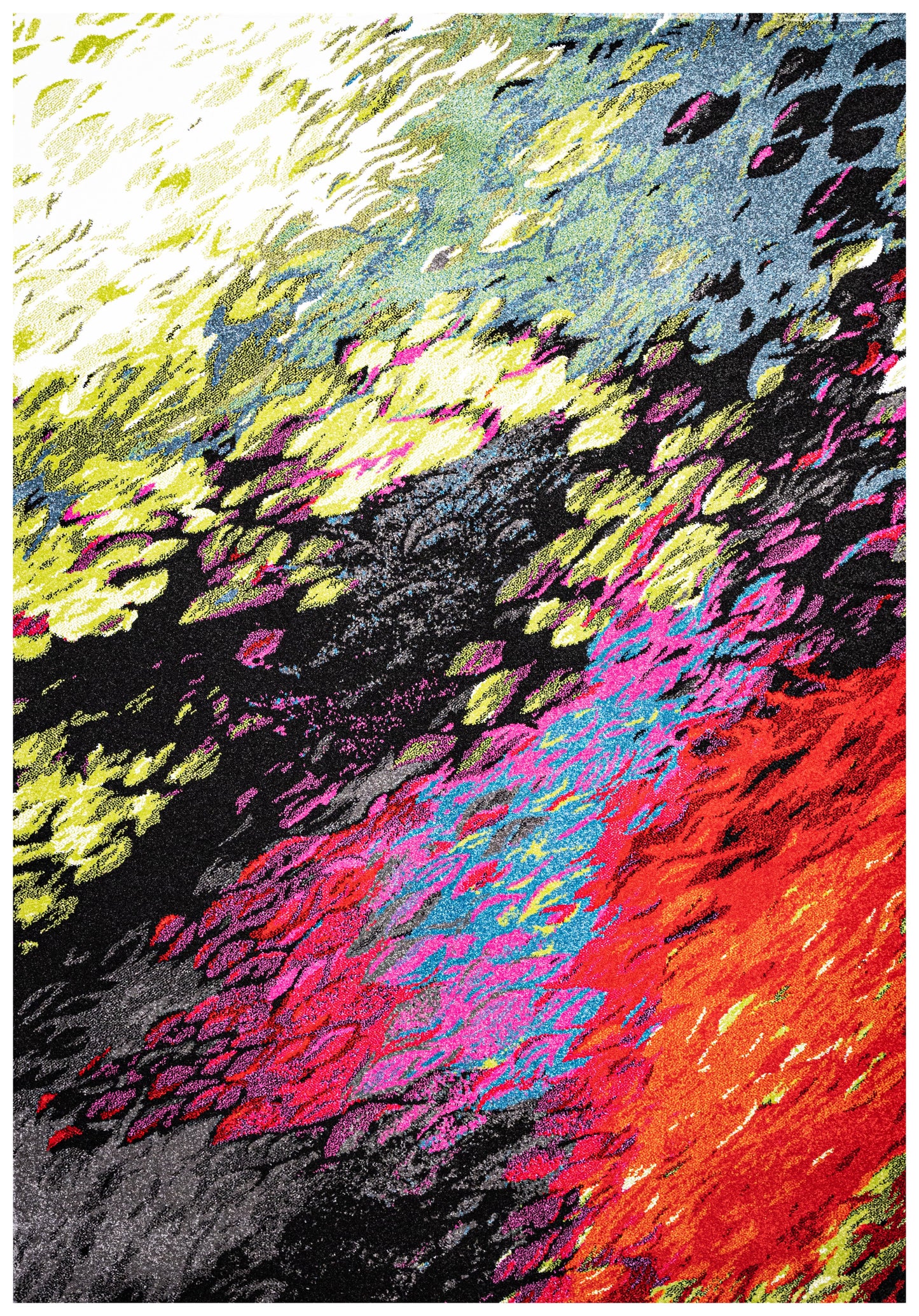 Diamond Abstract Area Rug. A Combination of Red, Acid Green, and Black