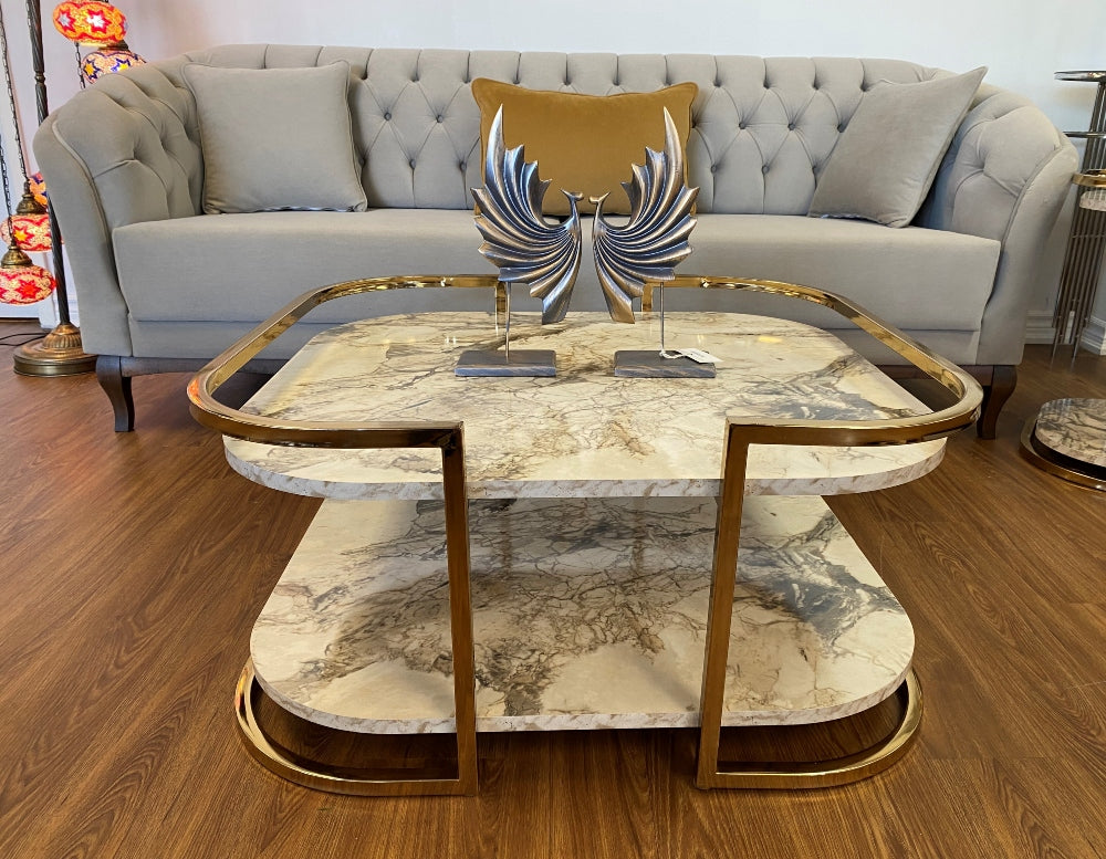 Central Coffee Table -White Stone Coated Golden Legs_ EROK-08