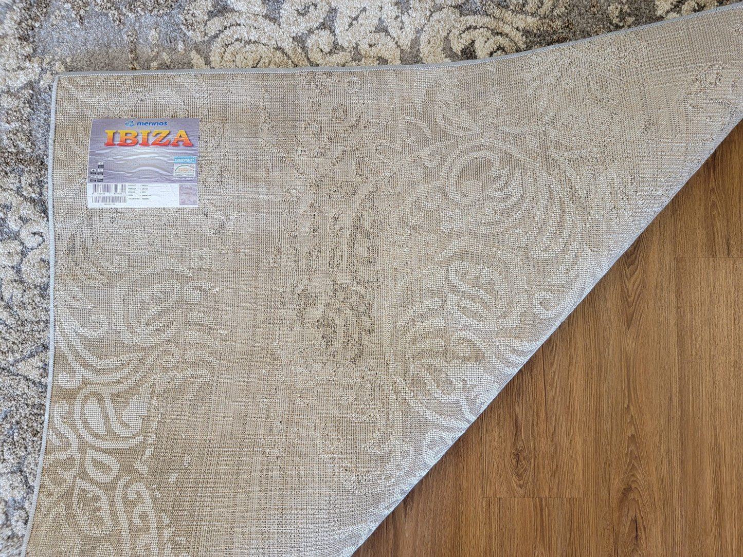 Ibiza Damask Area Rug. Tan Brown, Gray, and Ivory