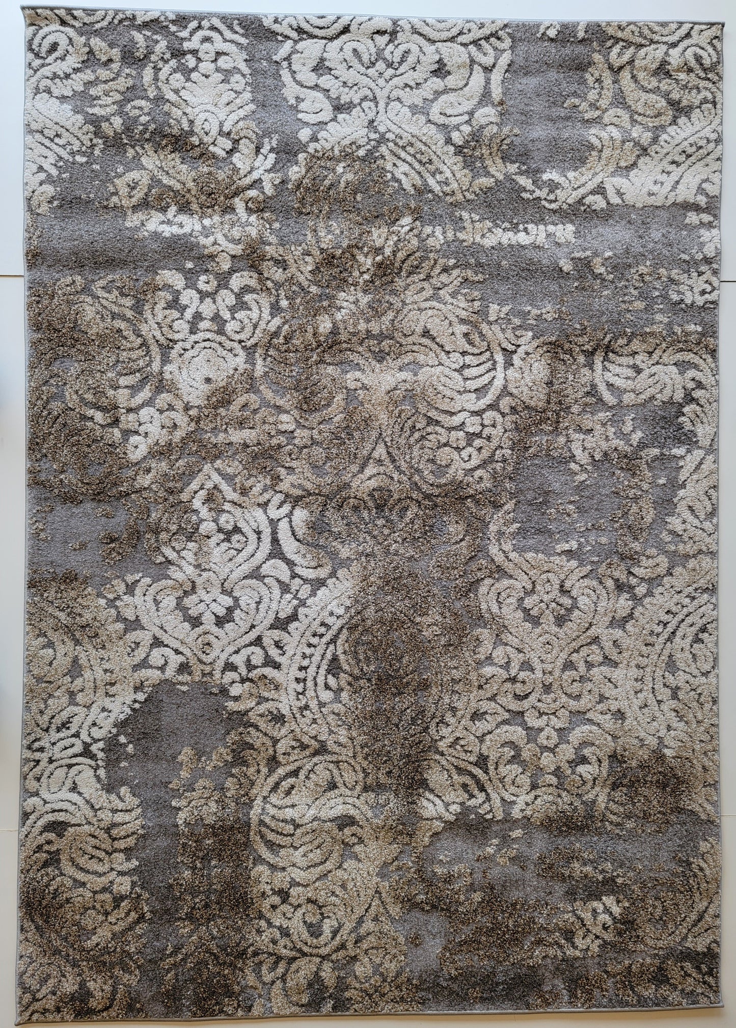 Ibiza Damask Area Rug. Tan Brown, Gray, and Ivory 