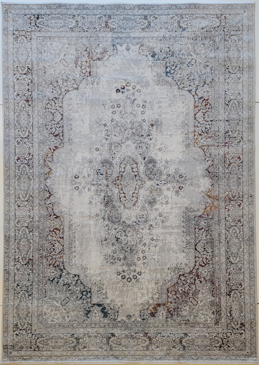 LaDome Modern Traditional Area Rugs. White, Ash Gray with Gold Touches