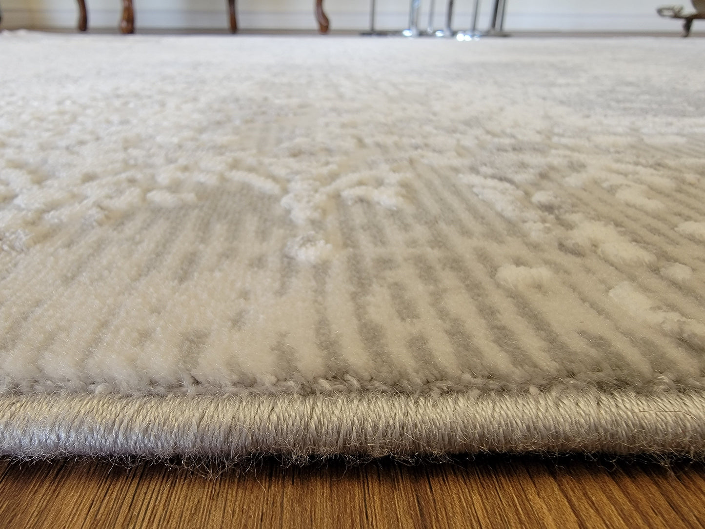 Maxim Damask Area Rug. White, Ash Gray, and Dim Gray