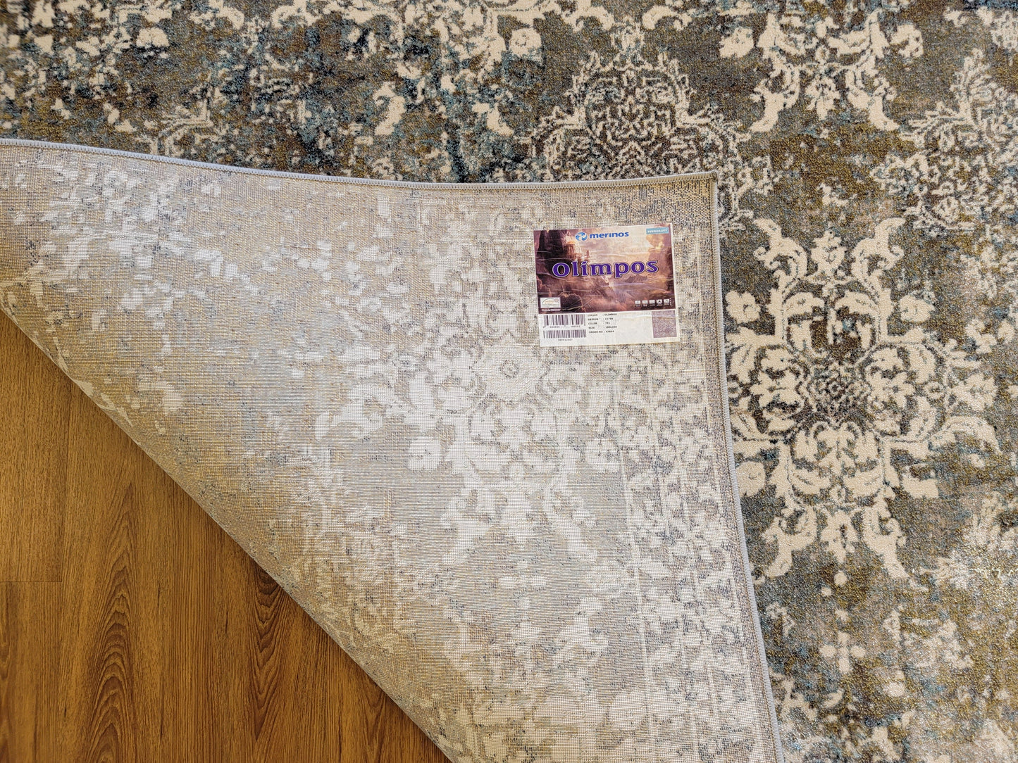 Olimpos Damask Area Rug. Eastern Blue, Golden Brown, and White