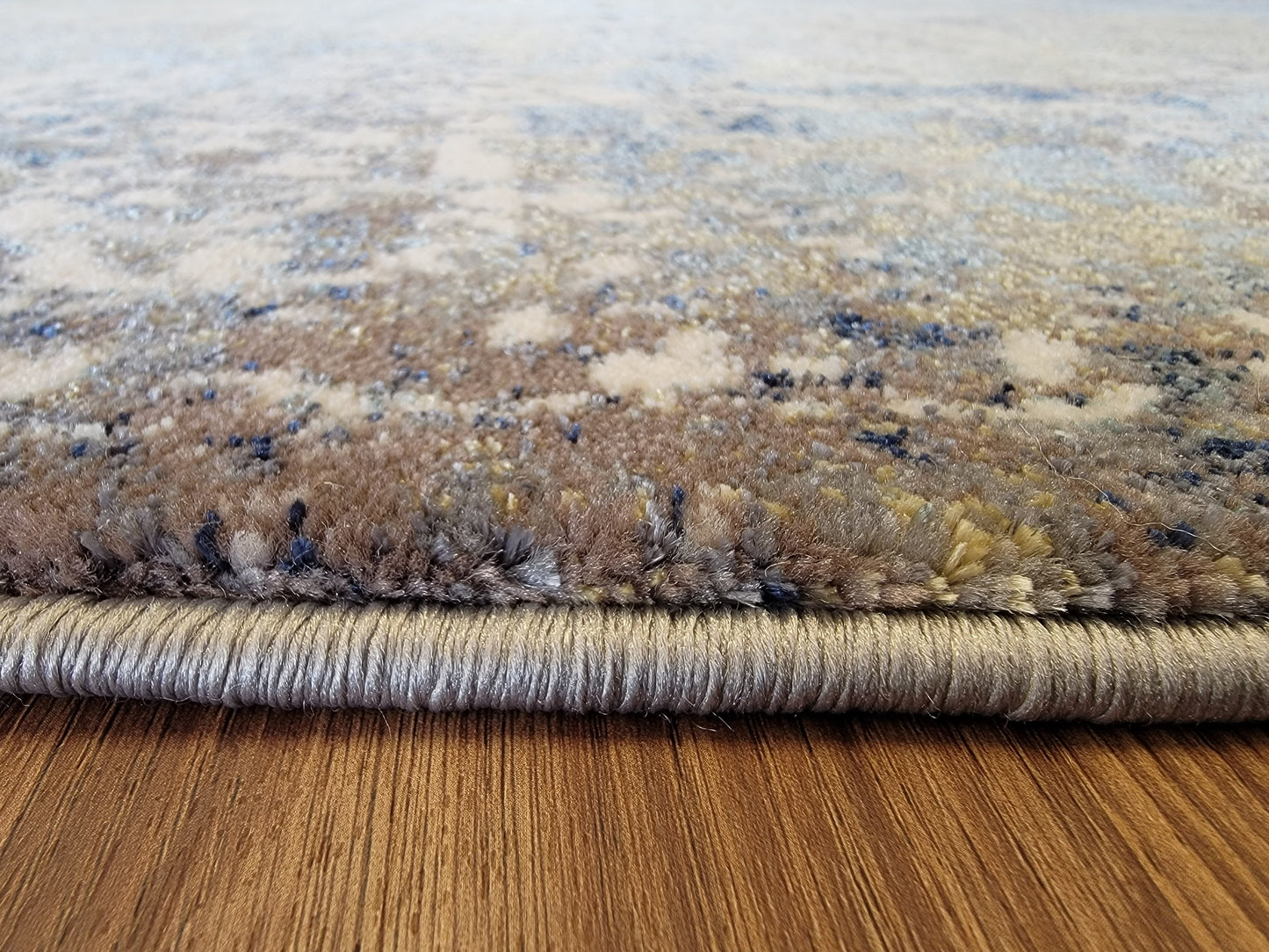 Olimpos Damask Area Rug. Eastern Blue, Golden Brown, and White