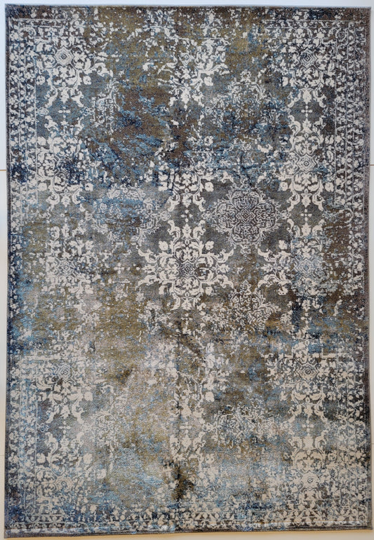 Olimpos Damask Area Rug. Eastern Blue, Golden Brown, and White