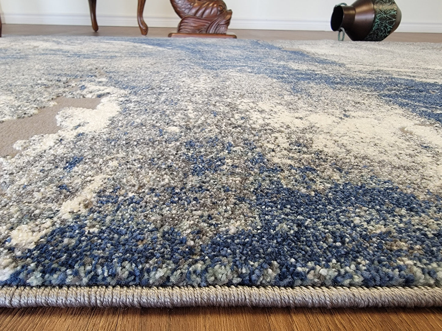 Revero Abstract Area Rug. Ivory, Cobalt Blue, and Gray