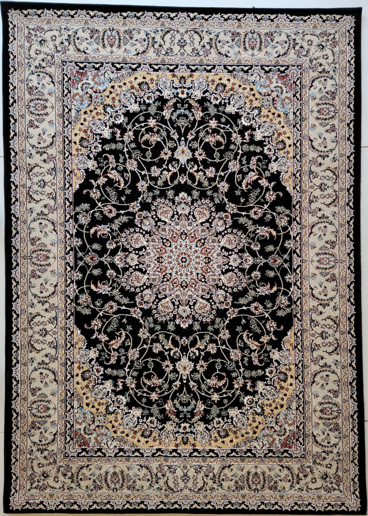 Rochet Oriental Area Rug. Beige, Ivory, and Black