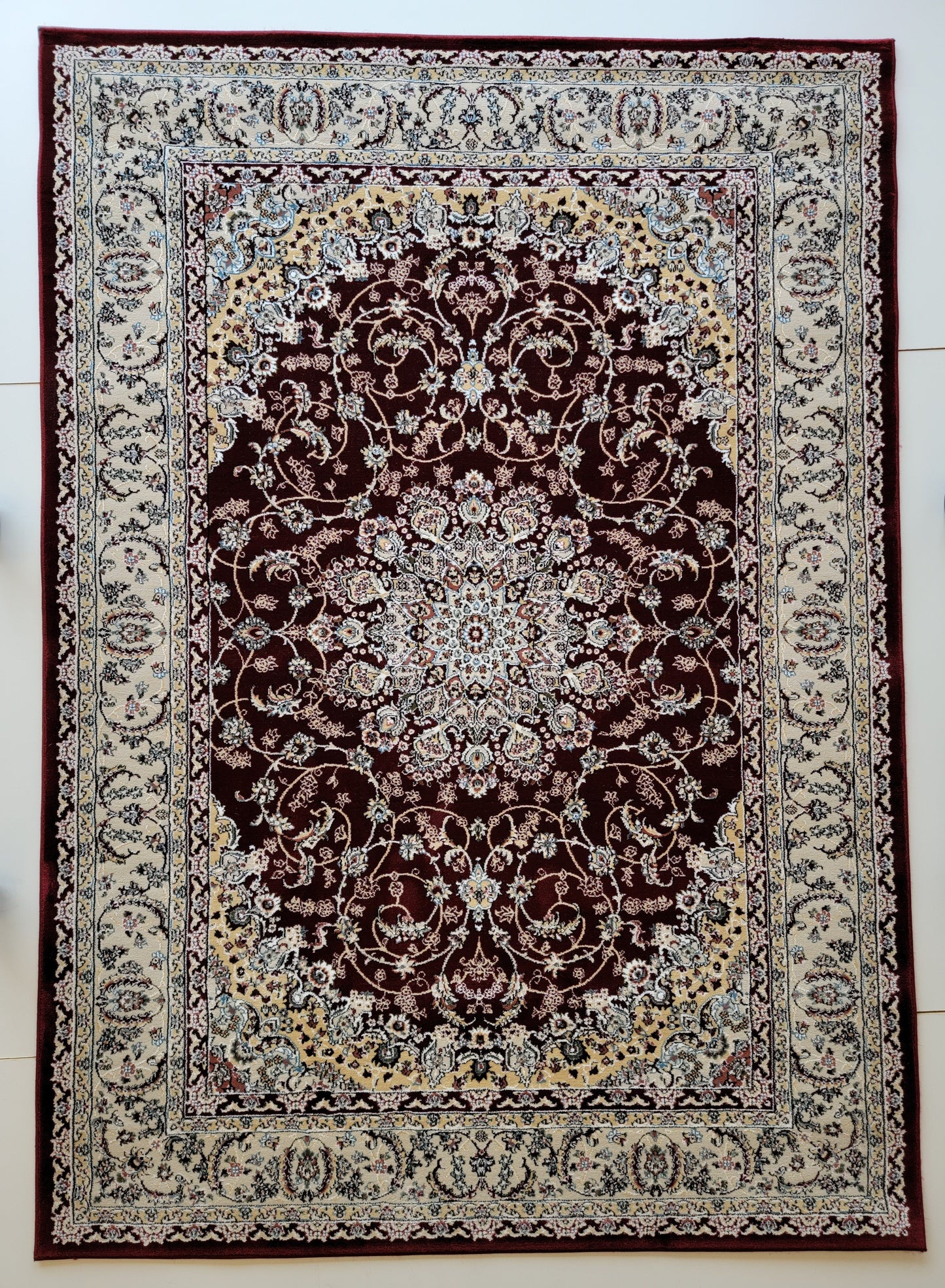 Rochet Oriental Area Rug. Beige, Cream, and Dark Red