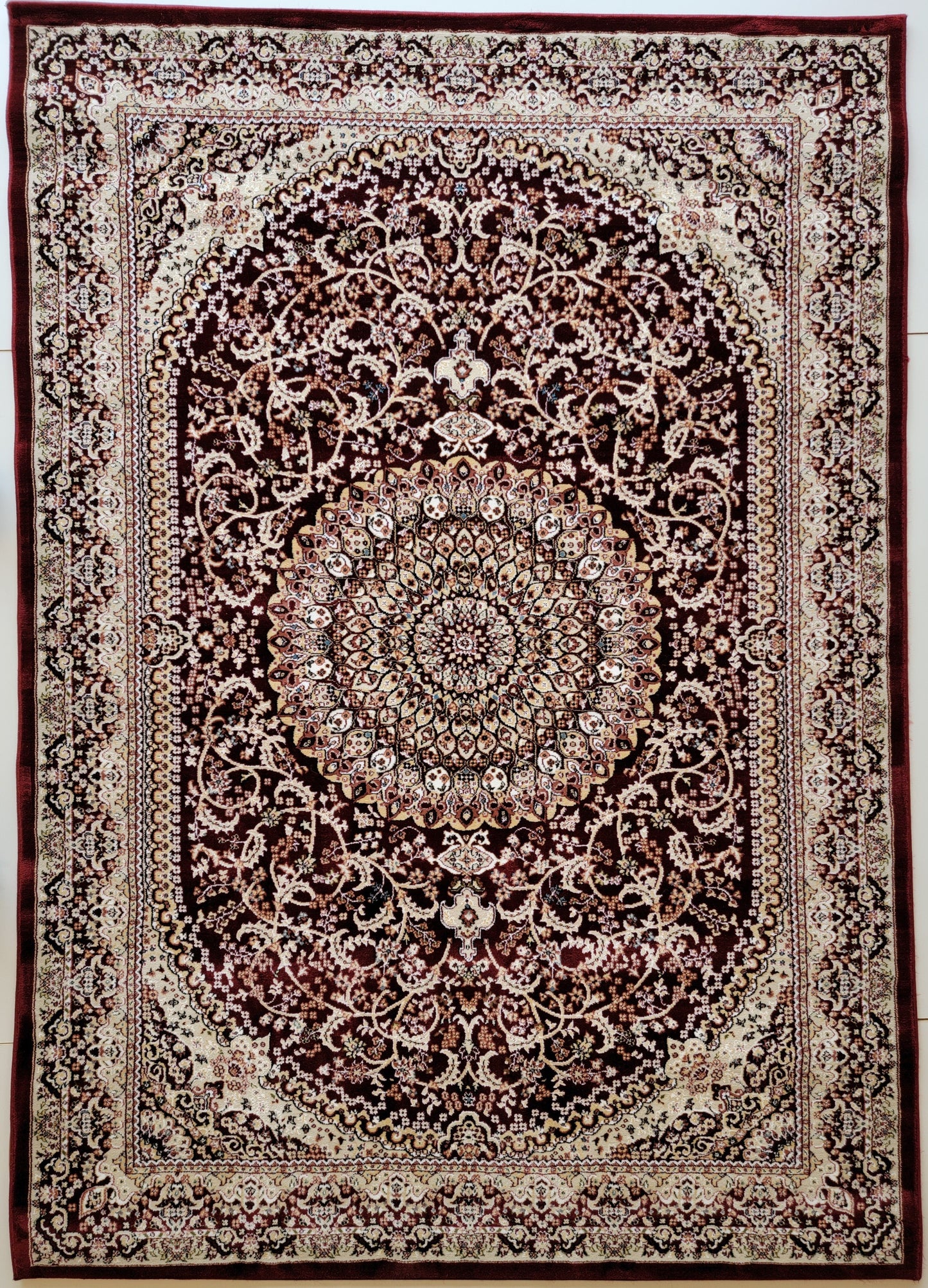 Rochet Oriental Area Rug. Dark Red and Beige