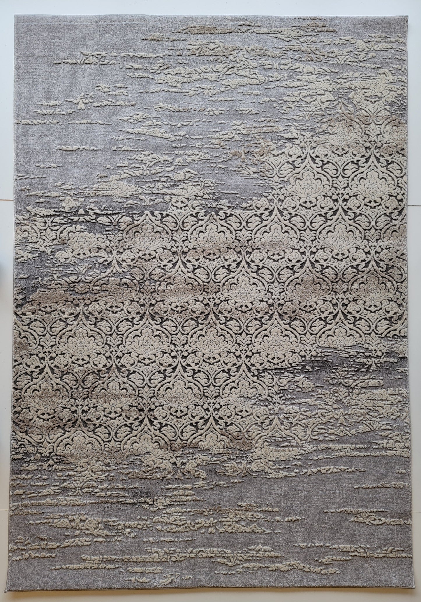 Thema Damask Area Rug. Beige, Silver, and Gray