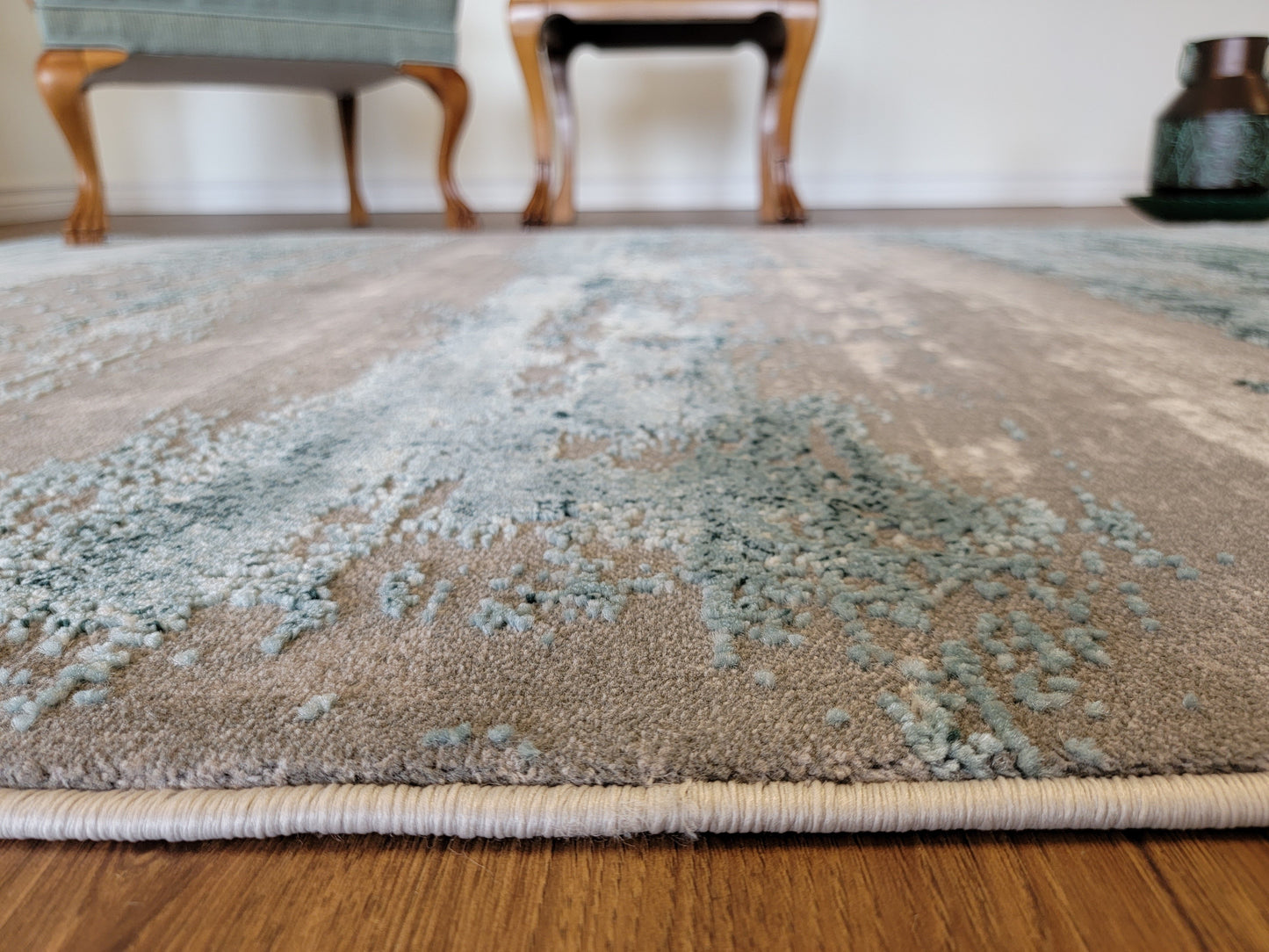 Thema Abstract Area Rug. Gray, Teal Blue, and White