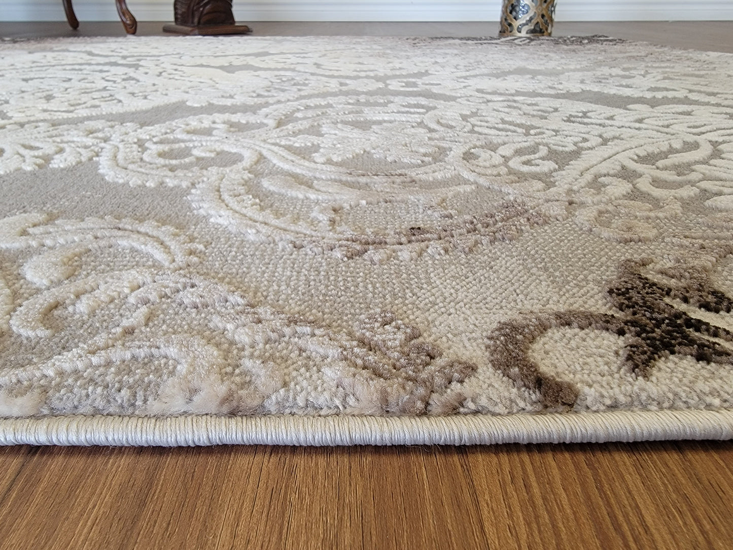 Thema Damask Area Rug. Silver, White, and Charcoal Gray