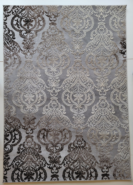 Thema Damask Area Rug. Silver, White, and Charcoal Gray