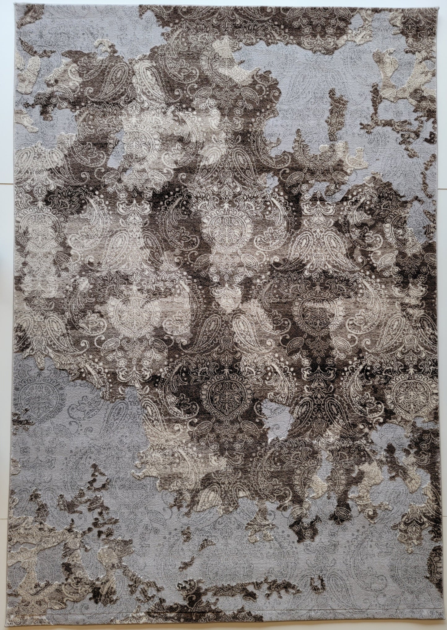 Thema Paisley Area Rug. White, Ash Gray, and Charcoal Gray