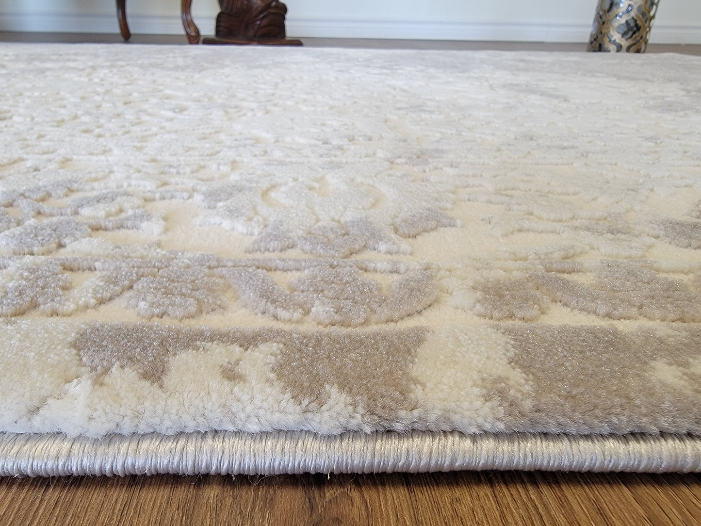 Thema Damask Area Rug. Beige, Cream, and Platinum