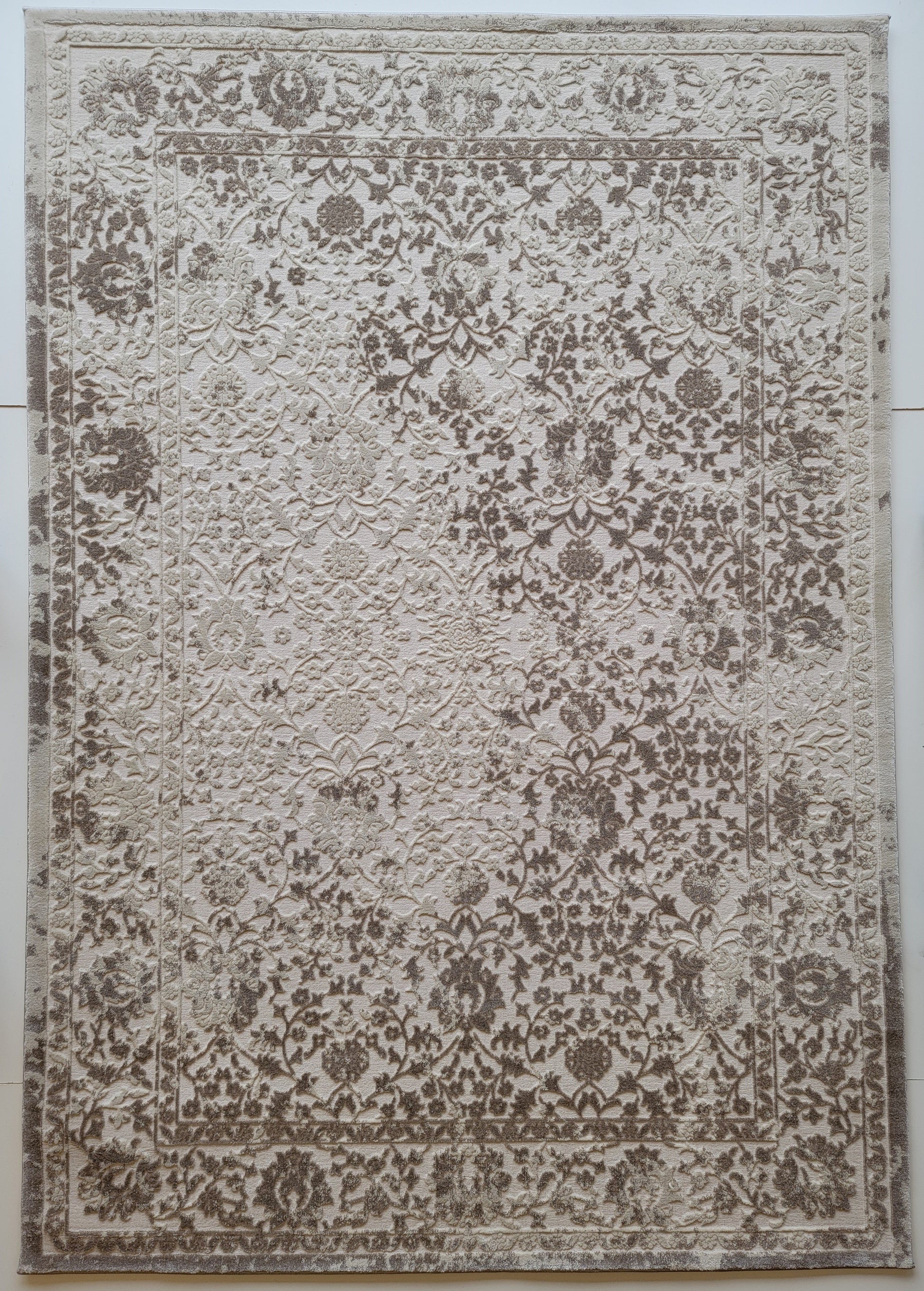 Thema Damask Area Rug. Beige, Cream, and Platinum